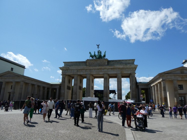 Brandenburg Gate, now in the sun, unlike yesterday when it was permanently cloudy and muggy. If you look closely, there's festival fencing under the gate so you can't walk through it.