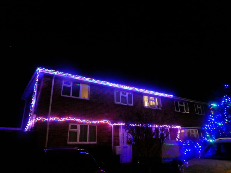 A house with a thick string of Christmas lights along the bottom of the roof and the middle of the house. There are also lights in a mid-sized fir tree in the garden.