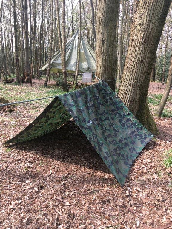 A-frame tarp shelter in the woods