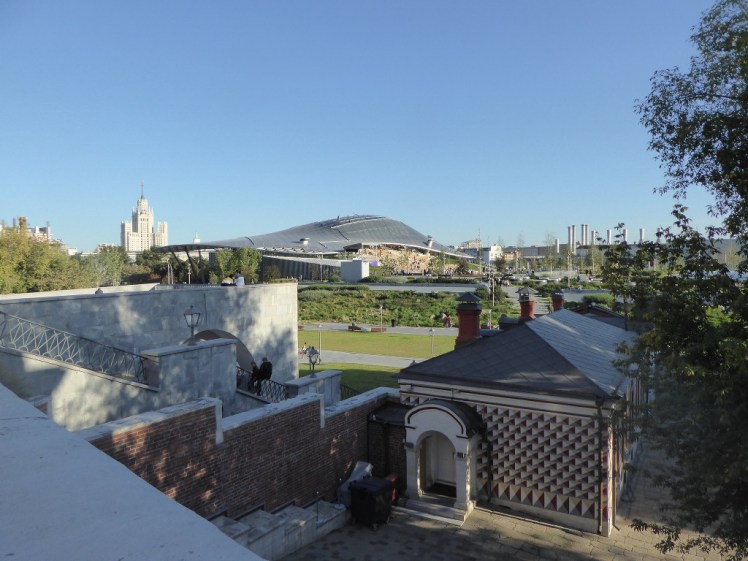 Zaryadye Park, with ampitheatre in the background as seen from the road lined with pretty churches