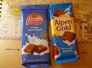 Rossiya and Alpen Gold chocolate in wrappers - Russian chocolate vs Swiss chocolate