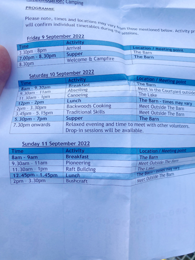 My timetable, on a piece of much-folded paper that's trying to blow away in the breeze.