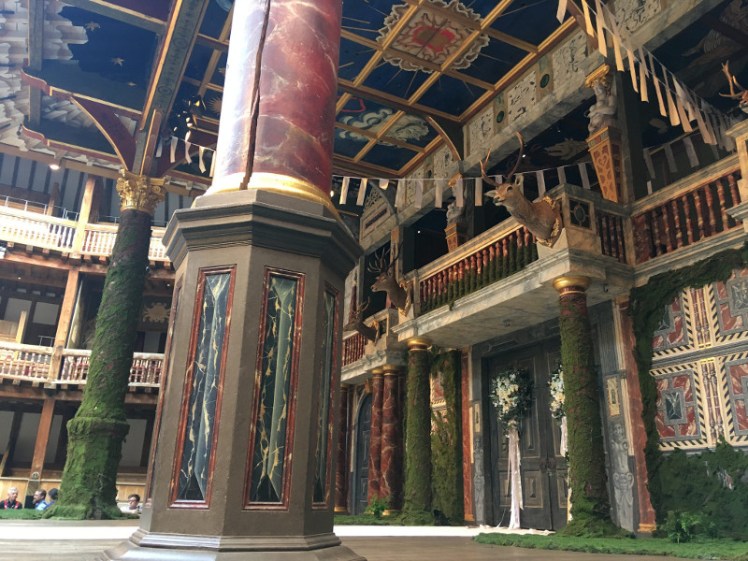 The stage at the Globe, set for The Two Noble Kinsmen