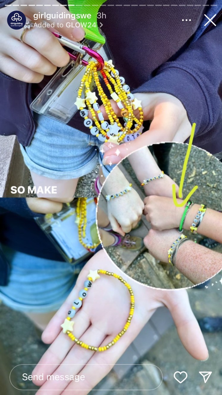 Screenshot from Region's Instagram story showing the campfire team's GLOW-themed friendship bracelets.