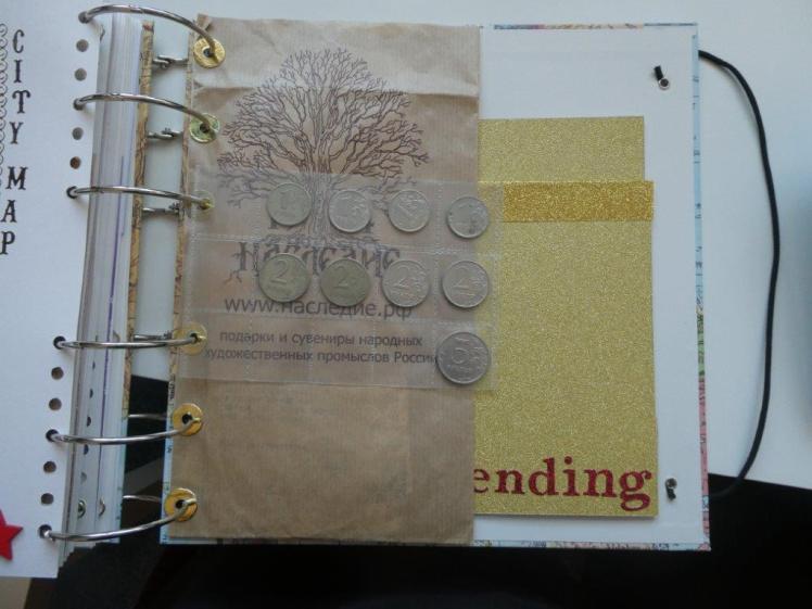 Layered stuff at the back of my scrapbook. On top is a grid of coin pockets containing some small change, behind is a tall brown paper bag and behind that is a gold concertina that contains my spending record.