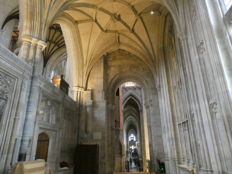 The awkward junction between the Norman and Gothic arches in Winchester Cathedral