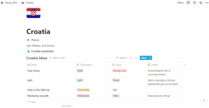 A screenshot of my Notion page for my Croatia trip. The icon at the top is the Croatian flag and most of the page is occupied by a table listing ideas for places to see.