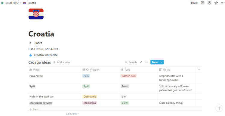 A screenshot of my Notion page for my Croatia trip. The icon at the top is the Croatian flag and most of the page is occupied by a table listing ideas for places to see.