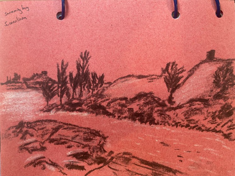 A sketch of the little inlet in charcoal and chalk on sugar paper.