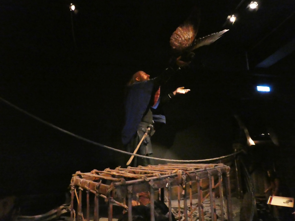 Wax Raven-Floki Vilgerðarson standing on a ship, next to a bird crate, unleashing a raven on his voyage to Iceland.