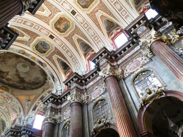 The walls and ceiling of the Church of the Lady of Perpetual Help - very elaborate, very pink and green and brown and gold.