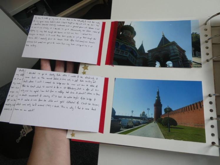 The same page as before but now the photos are folded back to reveal journalling on index cards stuck on the back of the photos.