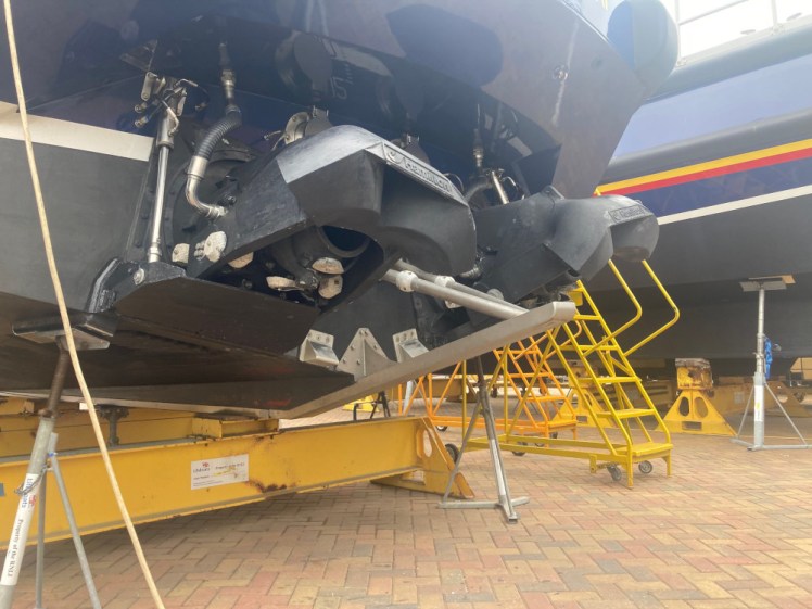 The waterjets on the back of a Shannon lifeboat, which is sitting on a stand out the back of the ALC.