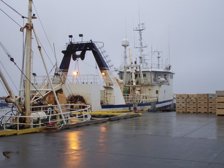 A fishing boat at the dockside in the rain. It's dark and miserable enough that the lights on deck are reflecting on the wet concrete. I think this is Grindavik.