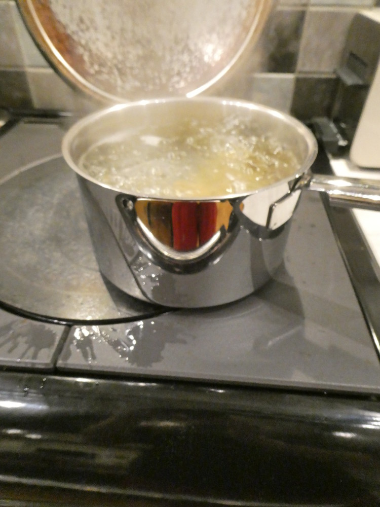 The pasta pan half on the hot plate and half on the simmering plate