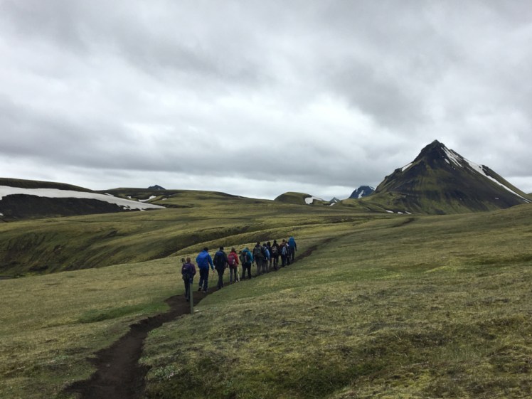 The group trekking along on day 3 of the Laugavegur Trail, all of us on a narrow track across a green mountainside, with patches of snow in the background and a pointed mountain ahead. I'm around the middle of the group.