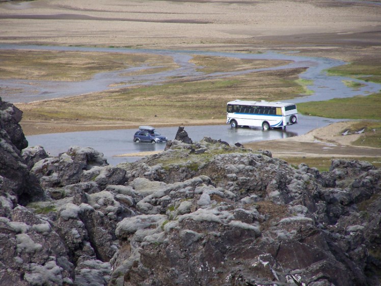 Vehicles crossing the last ford before Landmannalaugar