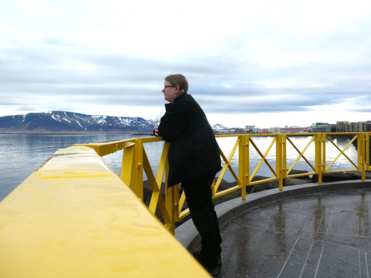 Me, early on my last morning, leaning on a yellow railing overlooking Reykjavik bay. Everything is wet because it's only just stopped raining.