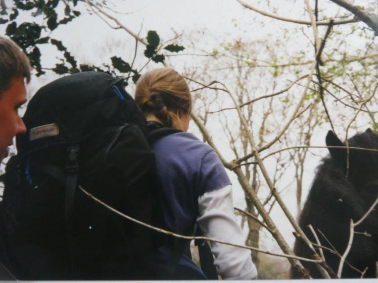 Catherine and Chris looking at a black horse. Catherine's just fed it some Kendal mint cake and it's not amused.