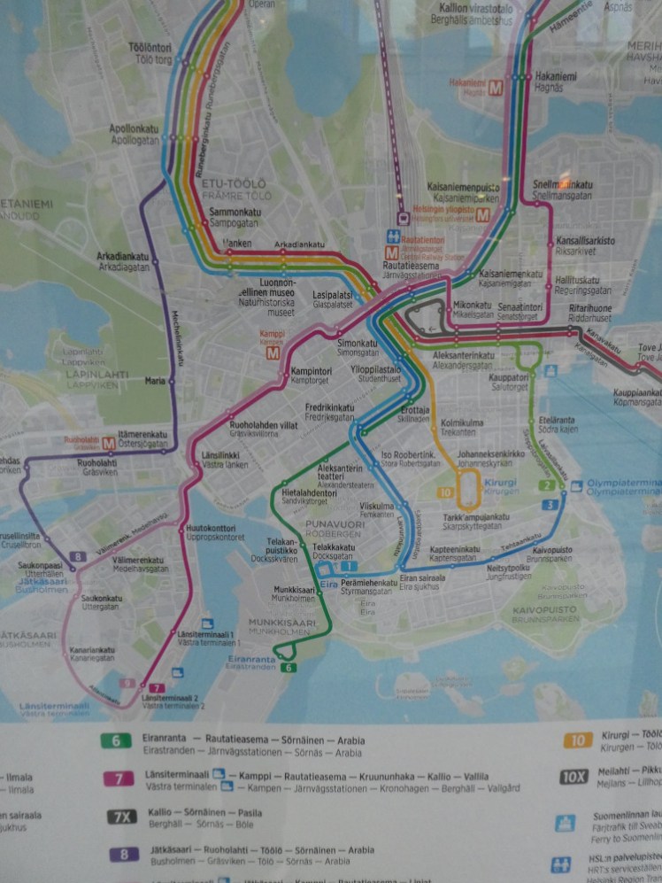 A map of Helsinki's public transport network as seen on a tram stop.