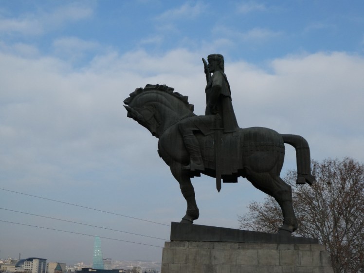 Bronze statue of King Vakhtang Gorgasil on a horse. The horse is looking down and I think the king is holding a sword.
