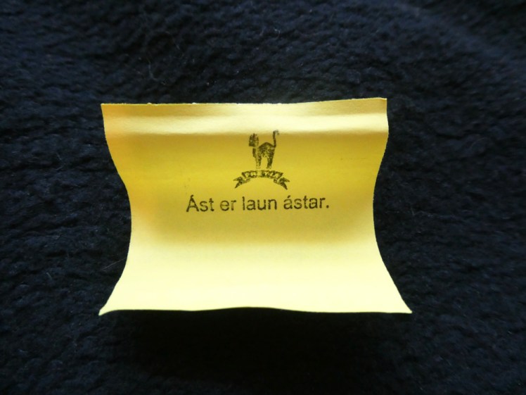 A tiny piece of yellow paper, curled because it's spent its entire life as a tiny scroll. On it are printed the words "Ást er laun ástar", "Love is the reward of love".
