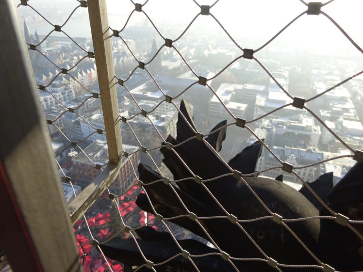 Through the wire mesh, and behind something spiky and ornate, you can see the red roofs of the market below, some 97 metres down.