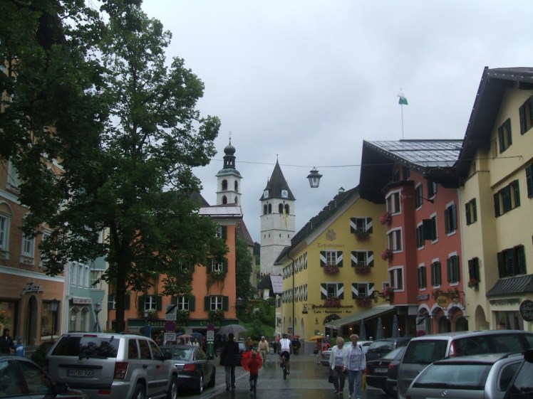 Kitzbühel on a wet day. A medieval town with colourful