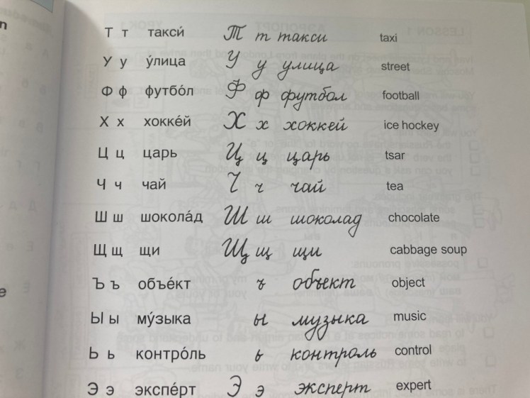 A page from my Russian textbook showing printed letters vs the handwritten version and with words showing the letters in use.