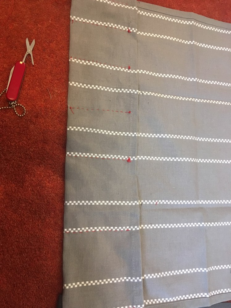 Pockets being sewn down the end of my first tea towel