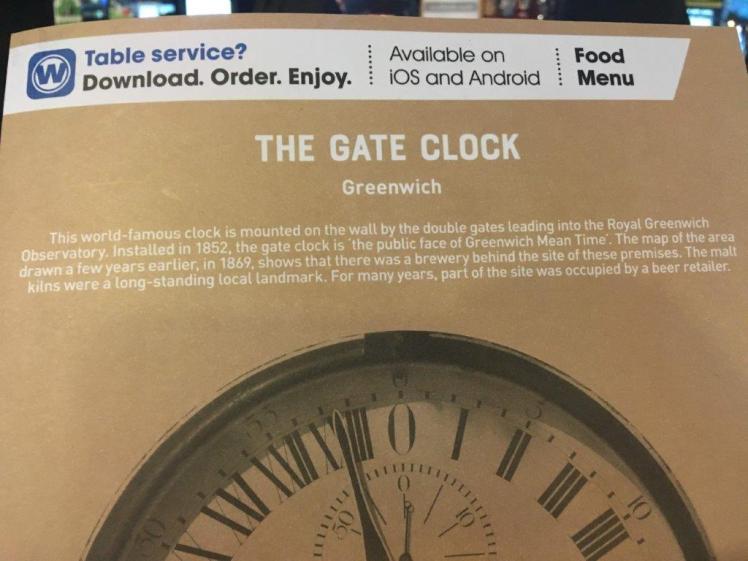 The Gate Clock pub menu, Greenwich