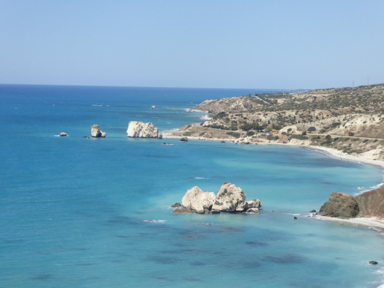 Petra tou Romiou from the clifftop viewpont