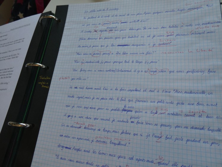 A page of translation work on squared paper, stuck in my scrapbook. It's an English to French translation of Evelyn Waugh's Mr Lpveday's Little Outing