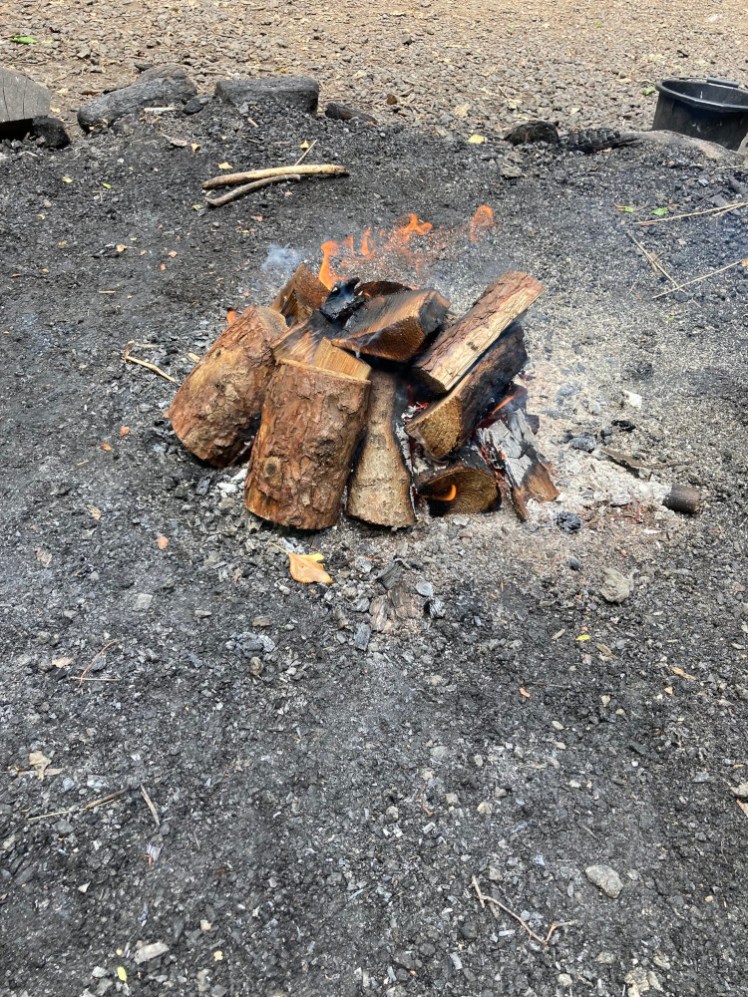 A small neat fire in the middle of the campfire circle, a little pile of short unburnt wood with orange flames dancing above it all.