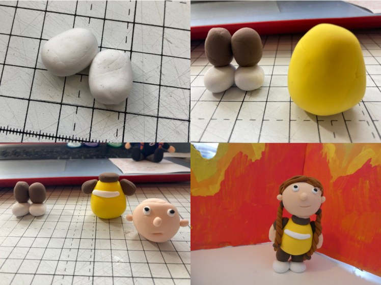 My Brownie mini me in various stages of progress: two little white feet; legs on feet with separate body; legs, body and head; complete Brownie mini me standing in front of my cardboard campfire.