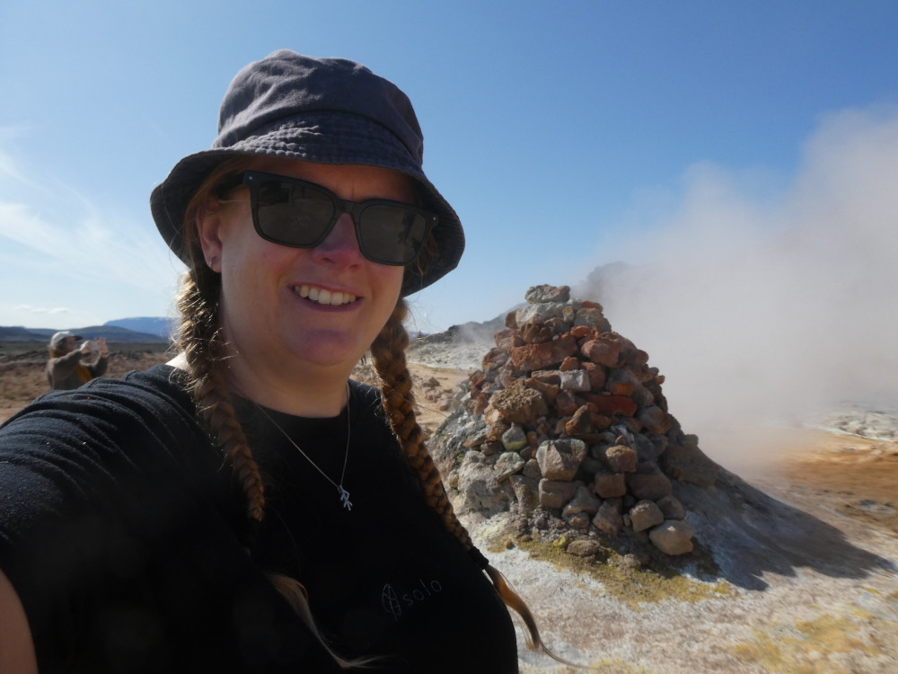 Another selfie, this time with a bigpile of rocks behind me which is pouring huge amounts of steam.