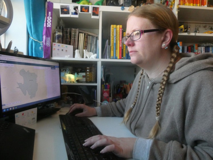 Me sitting at my desk, staring intently at a screen out of shot. A second screen is showing a geometric shape in green on a yellow map. I'm wearing a pale brown knitted hoodie and have my hair in plaits.