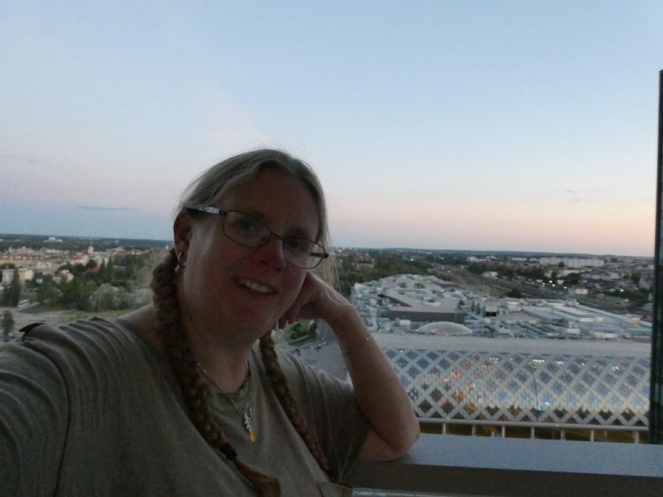 A selfie on the balcony, where I'm somewhat silhouetted and out of focus because the focus is on the background. The sky is slightly pink with the first hint of sunset, there's a glass tubular station below me, industrial stuff behind it and a vast expanse of green stretching into the distance.