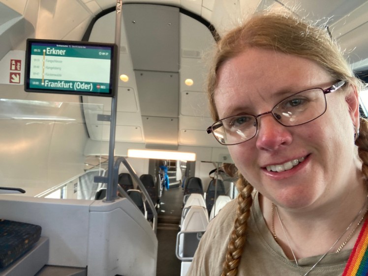 Upstairs on the train, with the destination screen very visible behind me, as well as the steps down to the lower level. I look very tired but it's not helped by the train's bright lights reflecting off my glasses.