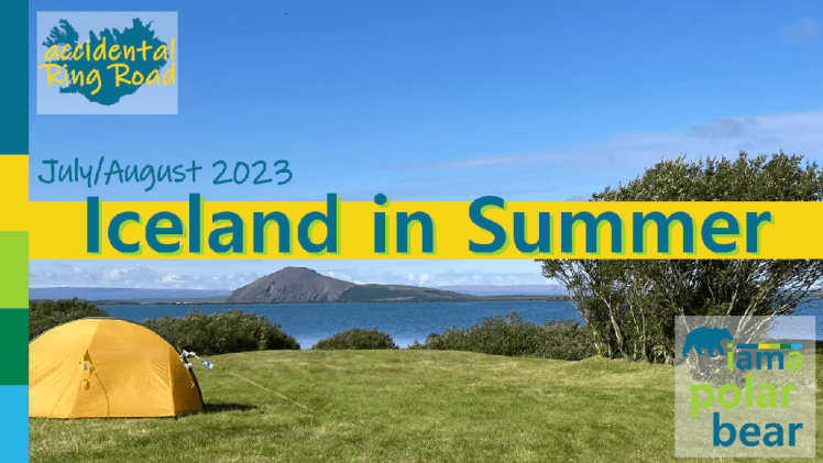 The thumbnail for my hour and a quarter vlog of driving around Iceland this summer, mostly featuring the view across the lake from the campsite at Myvatn with my little yellow tent in the corner.