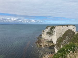 Old Harry Rocks from the clifftop, a chalk headland covered with scrappy grass. There's actually a 20-ish foot gap between the end of the cliff and the formation but from this angle, it's very hard to tell that it doesn't just continue with no break.
