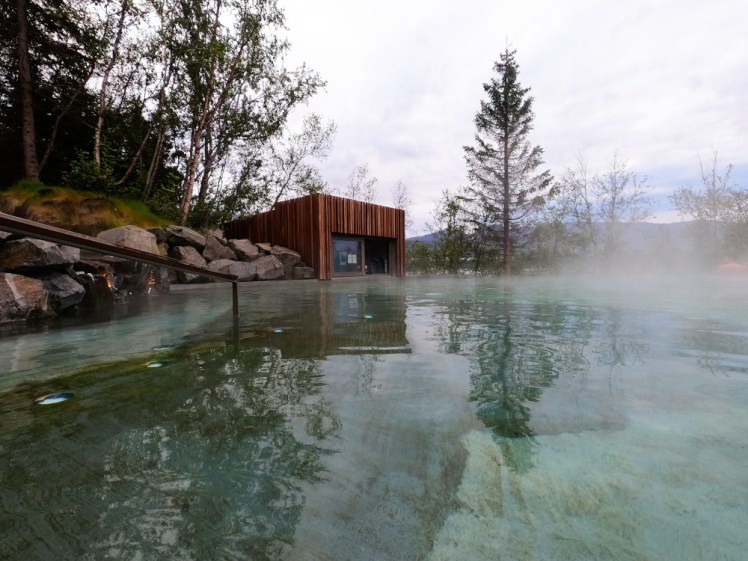 Pale greenish water at the Forest Lagoon, which is surrounded by trees and has a mist just over its surface. Across the pool is a wooden building serving as an in-water bar.