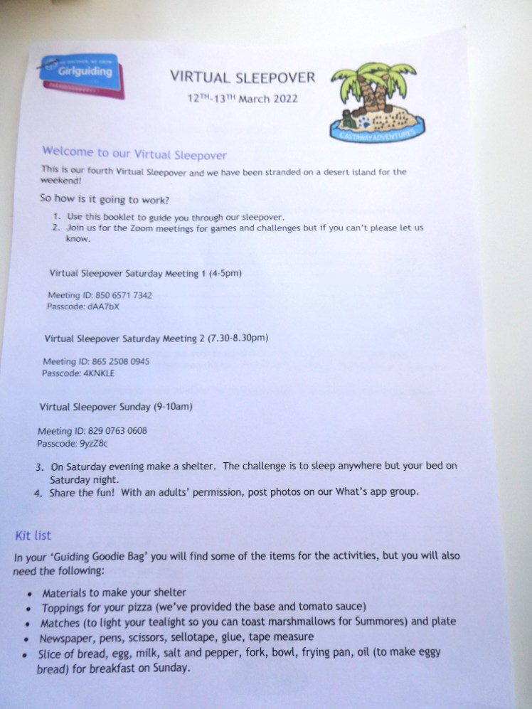 The first page of our timetable, containing our Zoom codes and kit list.