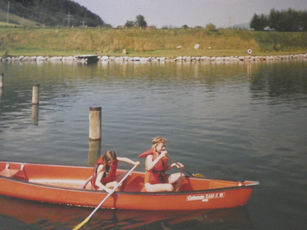 Me and my sister, somewhere in the mid-to-late 1990s canoeing on the boating lake behind the campsite. Neither of us looks like we know what we're doing.