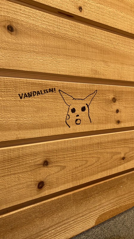 Surprised Pikachu drawn in Sharpie on the nice wooden planks of the campsite toilet