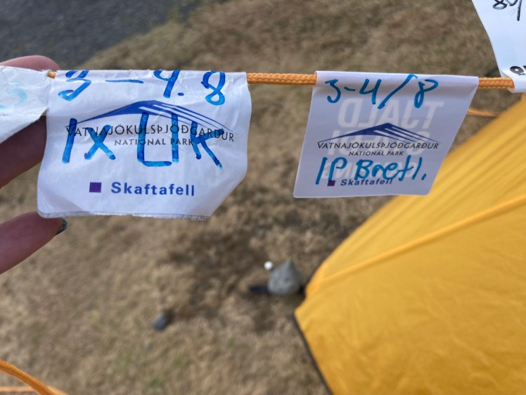Two almost identical camping tags on my guy ropes, with the Vatnajökulsþjóðgarður logo and 3-4/8 in blue pen on both. One is from 2023, the other is from 2016 but neither have a year on them.