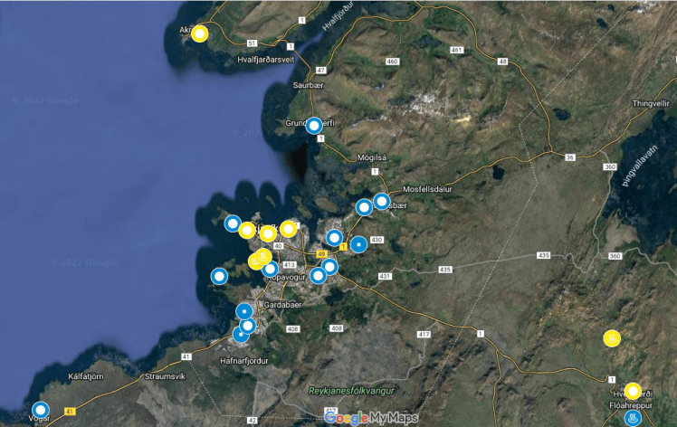 A screenshot of the map showing various dots in blue and yellow over Reykjavik. Some of them have big white centres and some small dots in the middle.