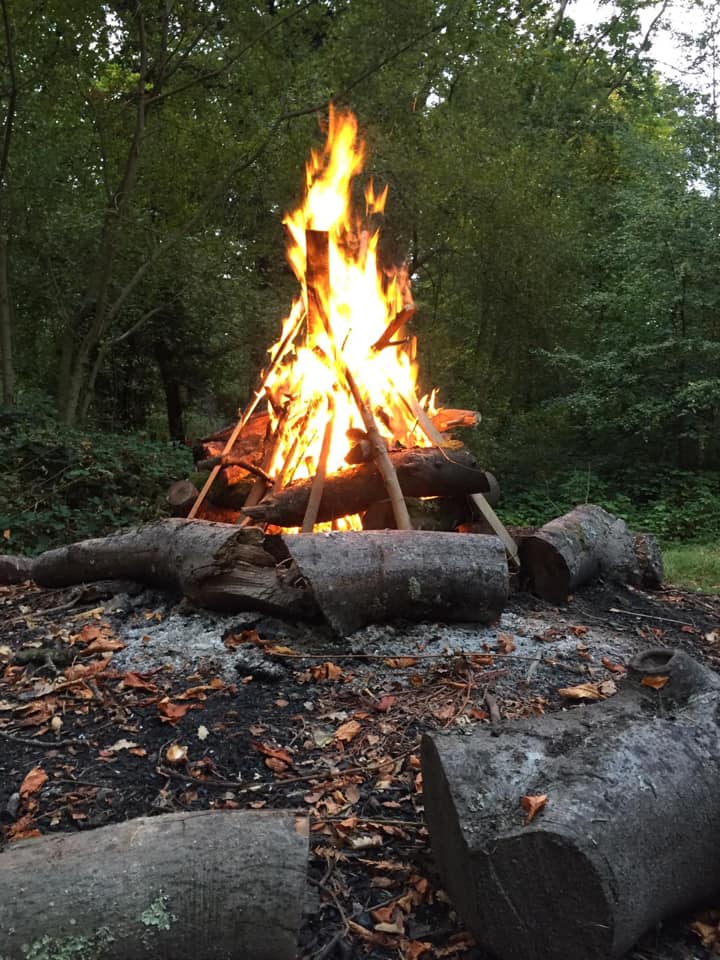 Big roaring campfire built in teepee style, a little higher than I think is stable