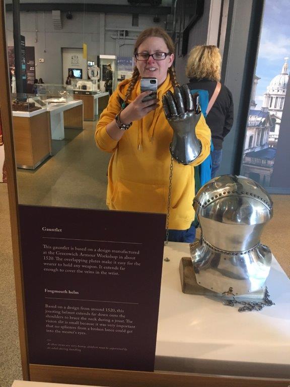 Replica Tudor jousting gauntlet and helm at the Old Royal Naval College