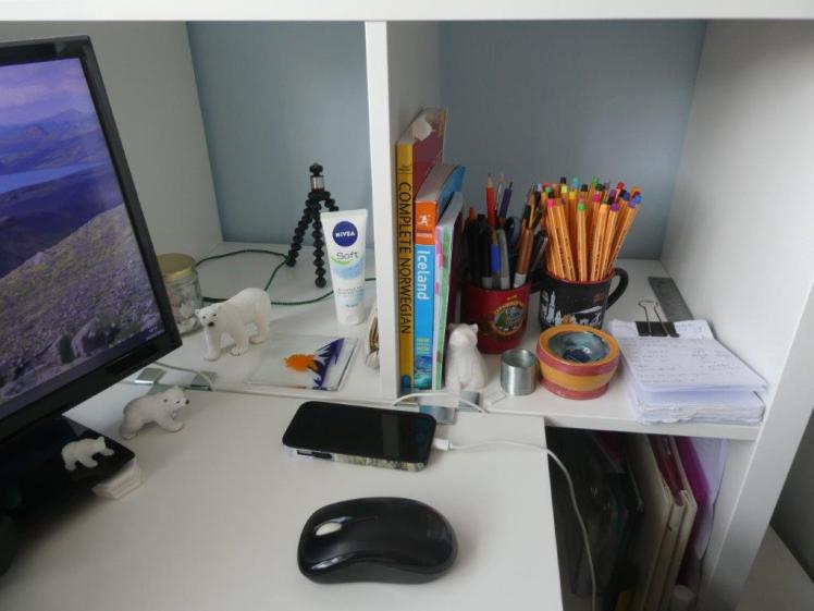 A closer view of the two desk-level Kallax cubes, containing the office bits and polar bears mentioned in the last image, just easier seen.